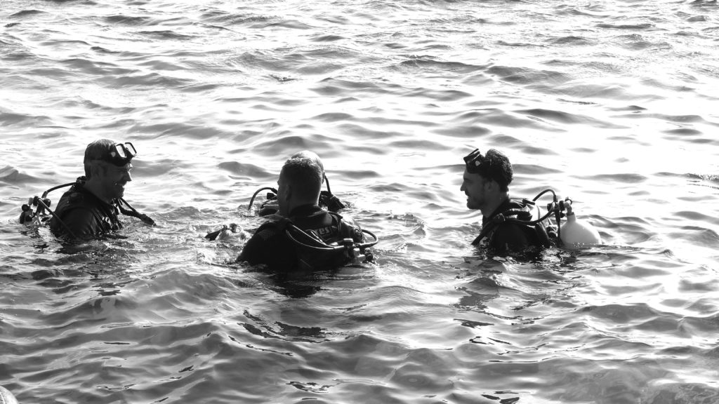 Drei Personen im Wasser beim Tauchen